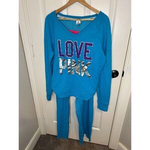 Y2K VS PINK Blue Purple LOVE PINK 86 Jersey Scoop Neck Crewneck Sweat Set Sz L